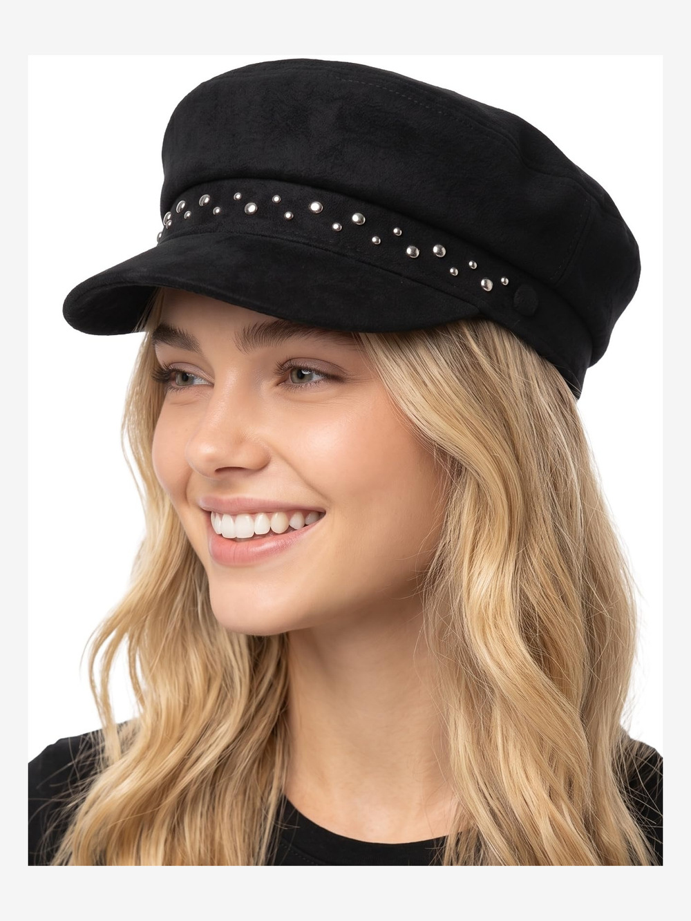 Greek Fisherman Newsboy Cap, Cotton Captains | Studded Suede, Black | Size OS